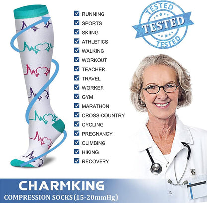 8-Pairs of Nurse-Themed Compression Socks | 15-20 Mmhg